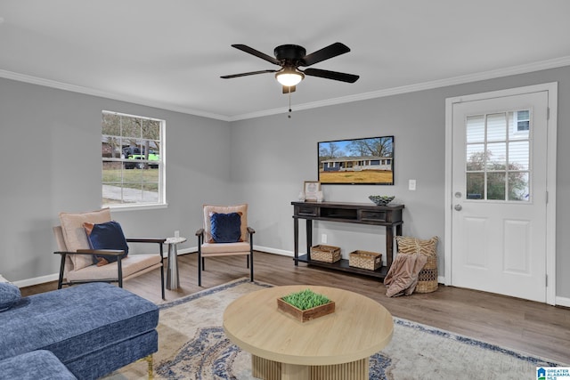 living area with ceiling fan, ornamental molding, a healthy amount of sunlight, and wood-type flooring