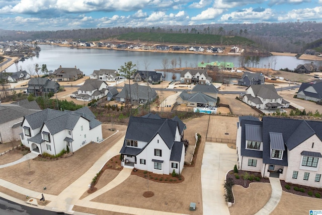 birds eye view of property featuring a water view and a residential view