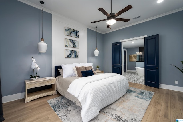 bedroom featuring baseboards, visible vents, a ceiling fan, ornamental molding, and wood finished floors