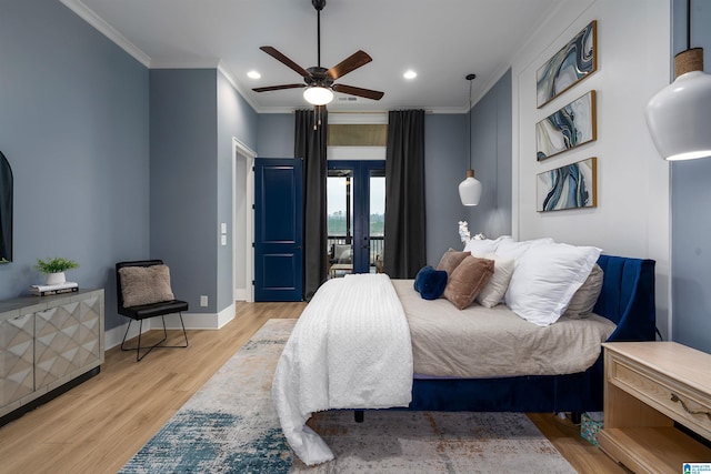 bedroom featuring light wood-style flooring, recessed lighting, baseboards, french doors, and crown molding