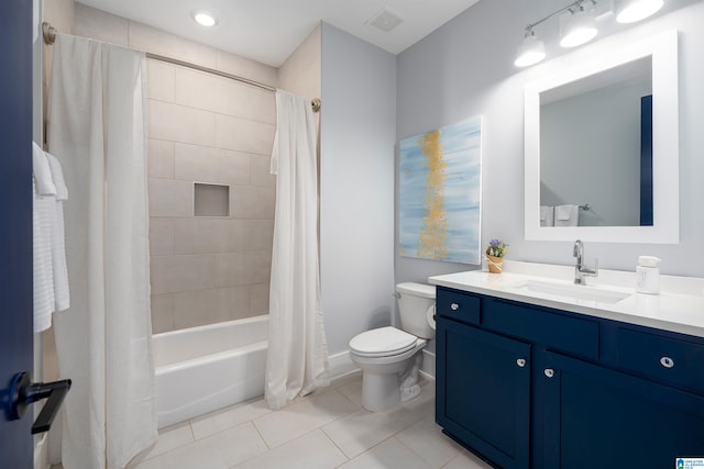 bathroom with visible vents, toilet, shower / bath combo with shower curtain, vanity, and tile patterned floors