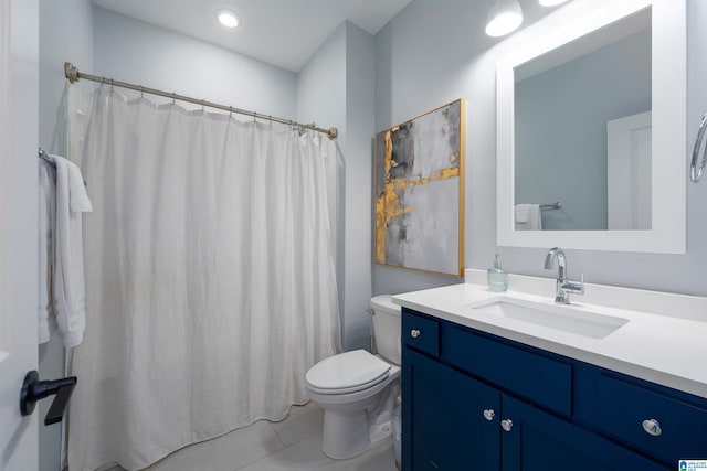 full bath with toilet, tile patterned flooring, vanity, and a shower with curtain