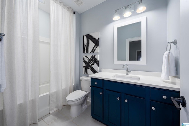 bathroom featuring toilet, shower / tub combo, vanity, visible vents, and tile patterned floors