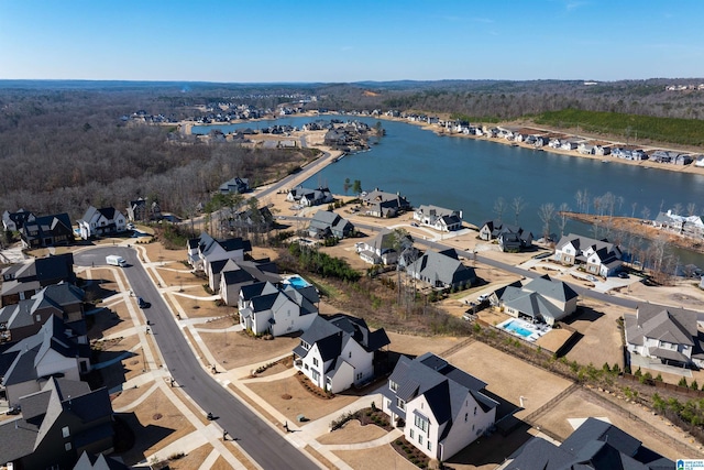 birds eye view of property featuring a residential view and a water view