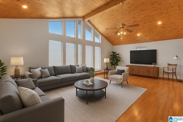 810 Tuscumbia Dr, Birmingham, AL 35214 - living area with a ceiling fan, wood ceiling with exposed beams, light wood-type flooring, high vaulted ceiling, and recessed lighting