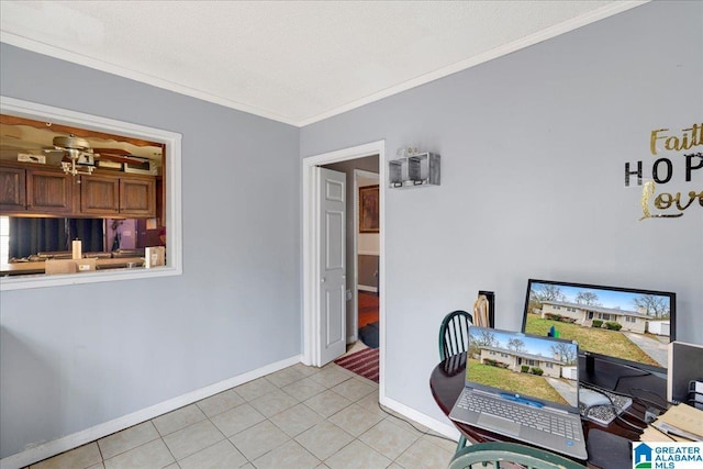 home office featuring light tile patterned floors and crown molding