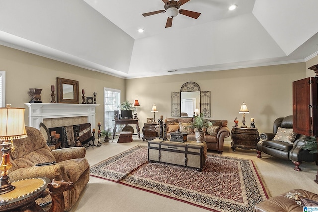 living room featuring ceiling fan, high vaulted ceiling, light colored carpet, and a fireplace