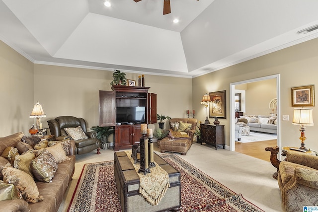 living room featuring light carpet, ornamental molding, ceiling fan, and lofted ceiling