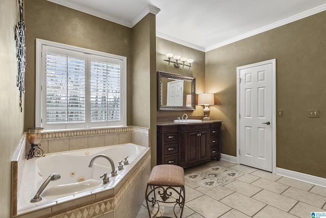 bathroom with tile patterned floors, ornamental molding, vanity, and tiled tub