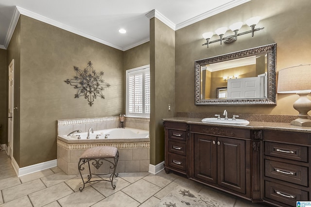 bathroom with crown molding, vanity, and tile patterned flooring