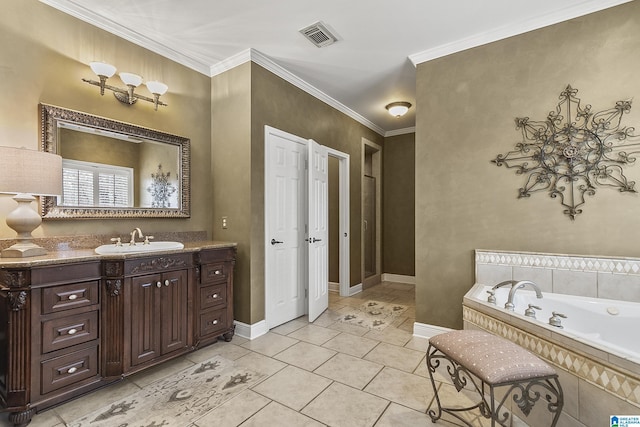 bathroom featuring vanity, tile patterned flooring, ornamental molding, and tiled bath