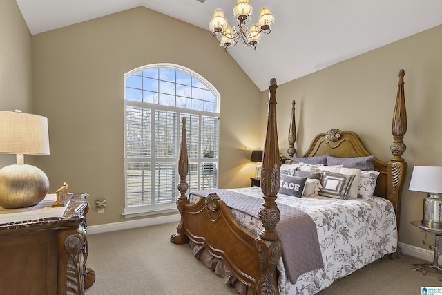 carpeted bedroom featuring lofted ceiling and a notable chandelier