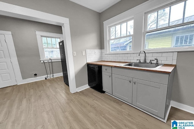 kitchen featuring sink, gray cabinets, butcher block countertops, and black appliances