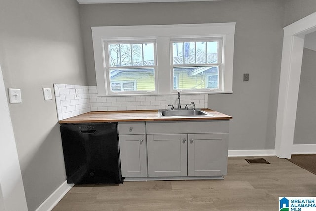 kitchen featuring sink, wooden counters, dishwasher, tasteful backsplash, and light wood-type flooring