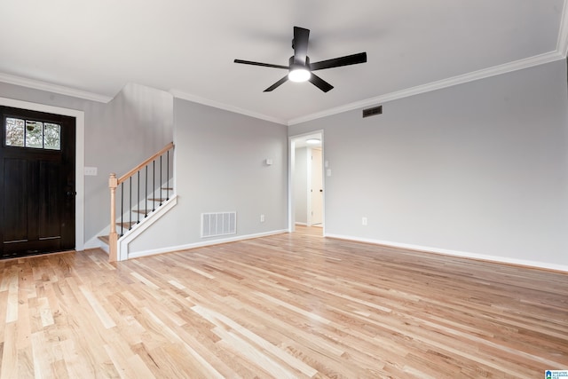 interior space featuring crown molding, ceiling fan, and light wood-type flooring