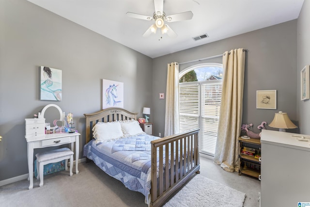 bedroom featuring ceiling fan, light colored carpet, and access to outside