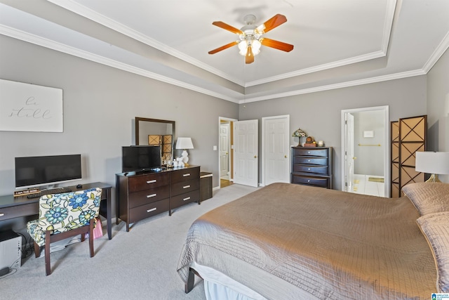 bedroom featuring a raised ceiling, crown molding, light carpet, and ceiling fan