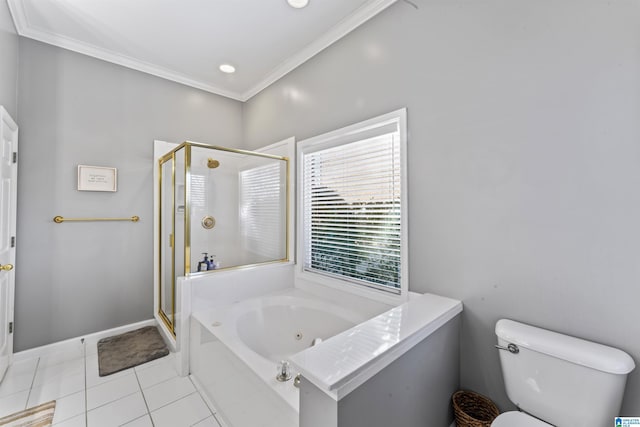 bathroom featuring tile patterned flooring, ornamental molding, toilet, and separate shower and tub