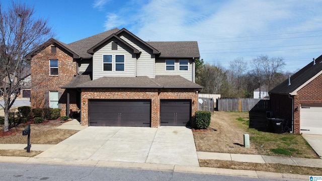 view of front facade with brick siding, fence, an attached garage, and roof with shingles