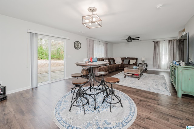 dining space featuring hardwood / wood-style flooring and ceiling fan with notable chandelier