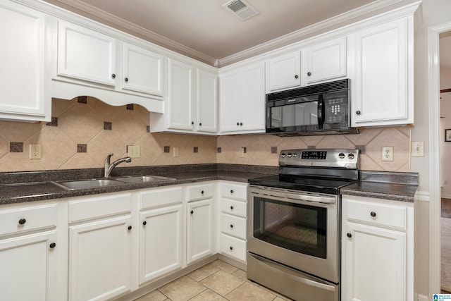 kitchen with white cabinetry, sink, light tile patterned floors, and stainless steel electric stove