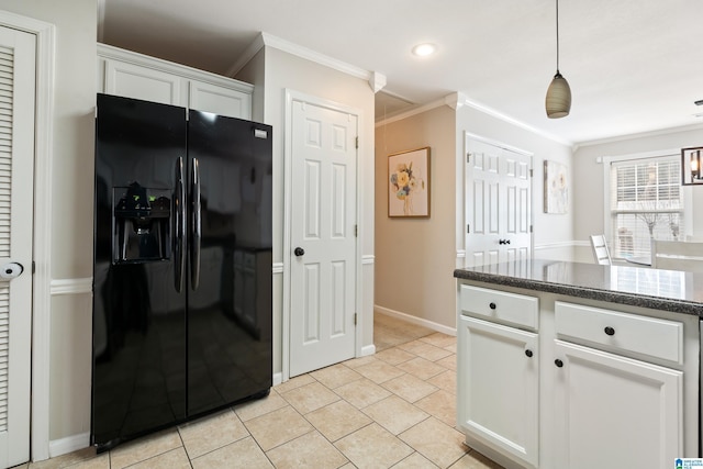 kitchen with pendant lighting, crown molding, black refrigerator with ice dispenser, and white cabinets