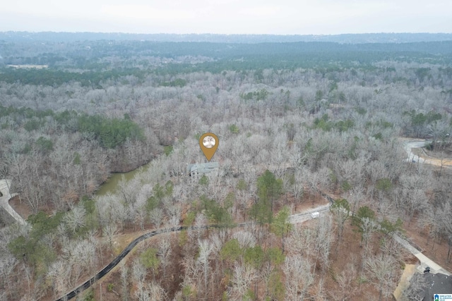 birds eye view of property featuring a wooded view