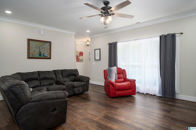 living room featuring crown molding, dark hardwood / wood-style floors, and ceiling fan