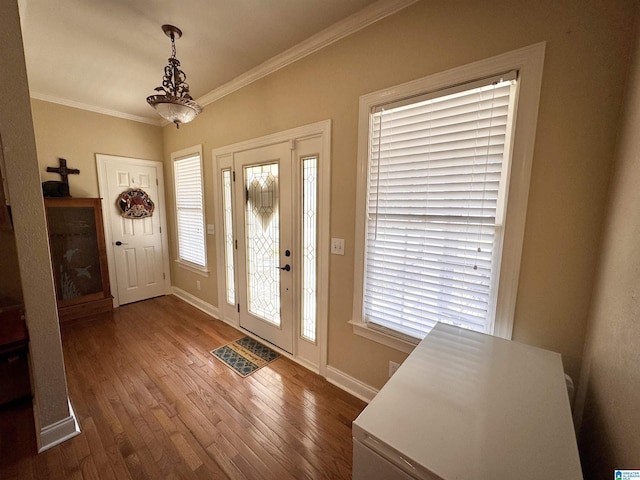 entryway featuring dark wood-type flooring and crown molding