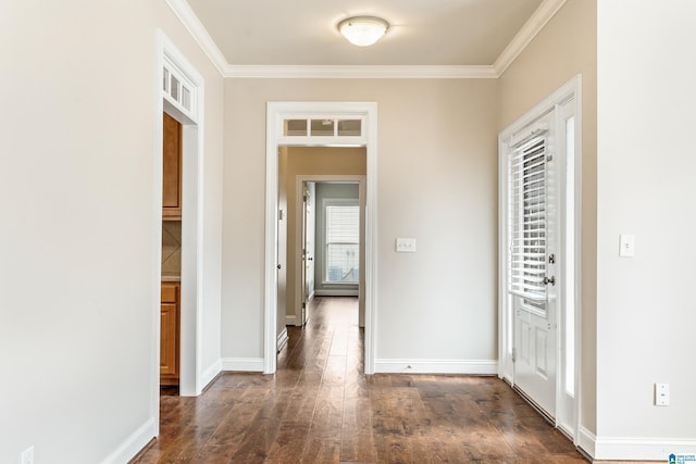 hall featuring dark hardwood / wood-style flooring and crown molding