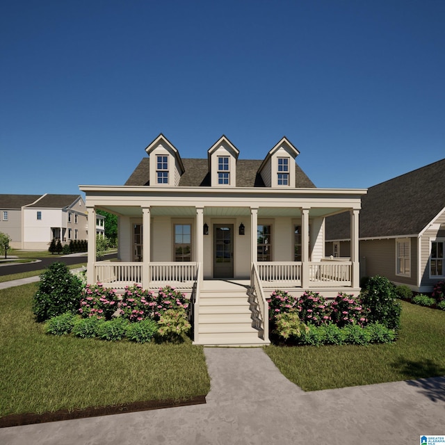 view of front of property with a porch and a front lawn