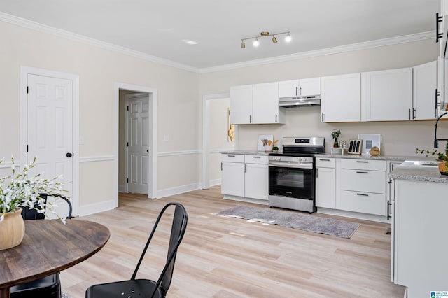 kitchen with white cabinetry, stainless steel range, and crown molding