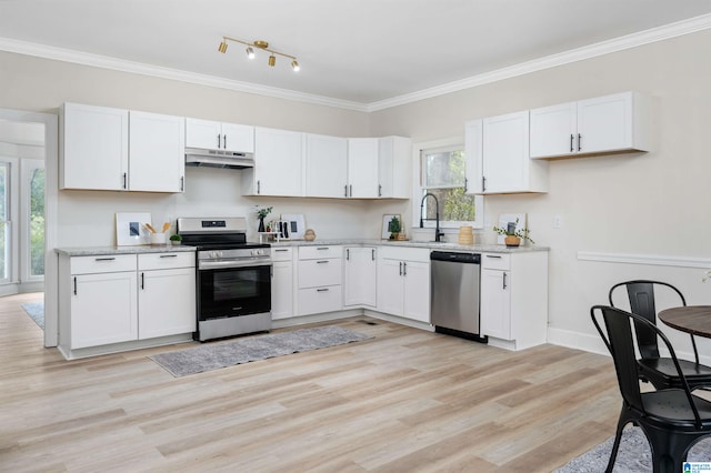 kitchen featuring sink, crown molding, light hardwood / wood-style flooring, white cabinetry, and stainless steel appliances