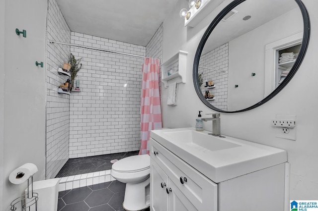 full bathroom with visible vents, a stall shower, vanity, and toilet