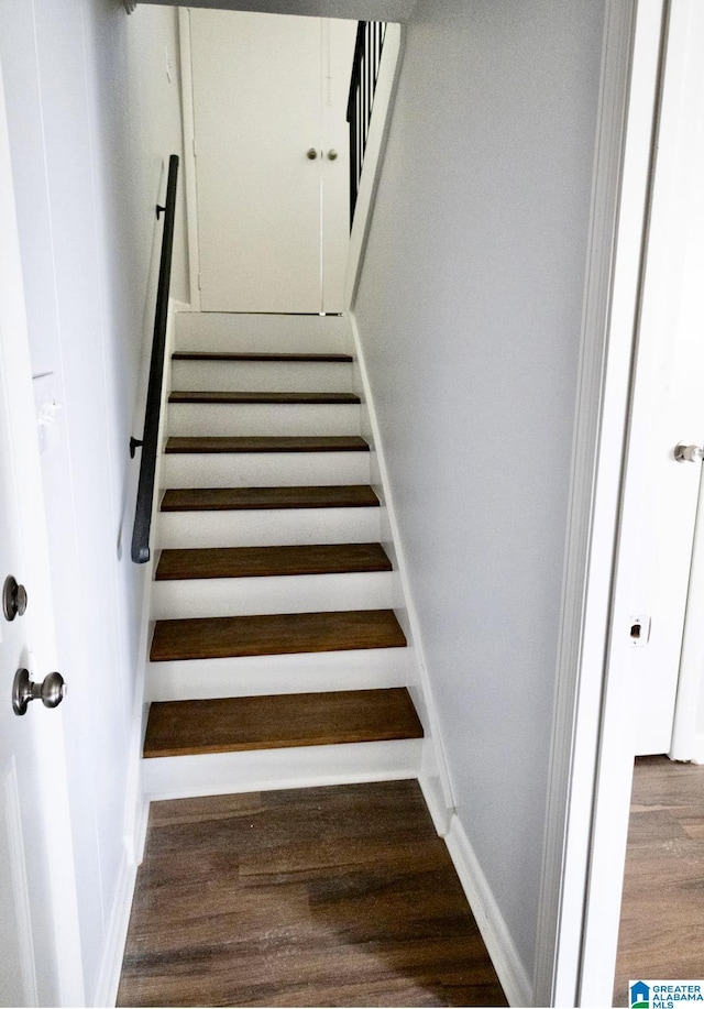 stairway with hardwood / wood-style floors