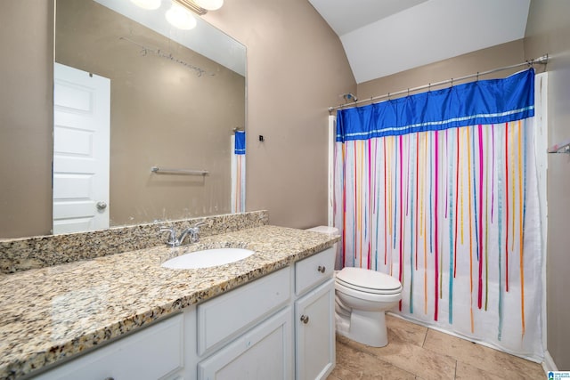 bathroom with tile patterned floors, vanity, toilet, and a shower with shower curtain