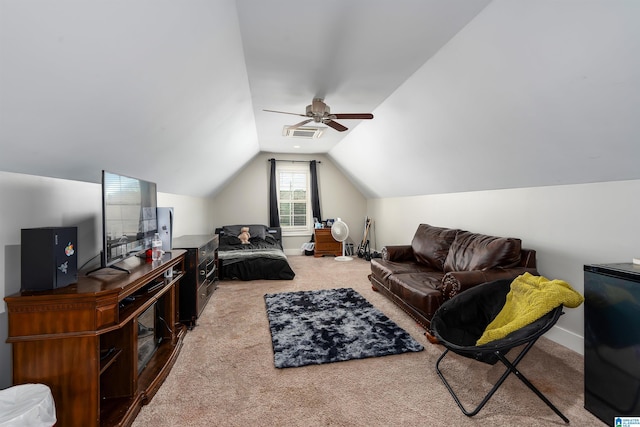 carpeted living room with lofted ceiling and ceiling fan