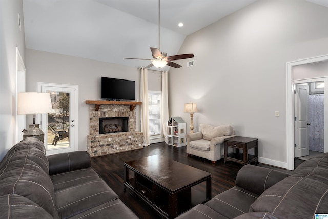 living room featuring a fireplace, ceiling fan, high vaulted ceiling, and dark hardwood / wood-style flooring