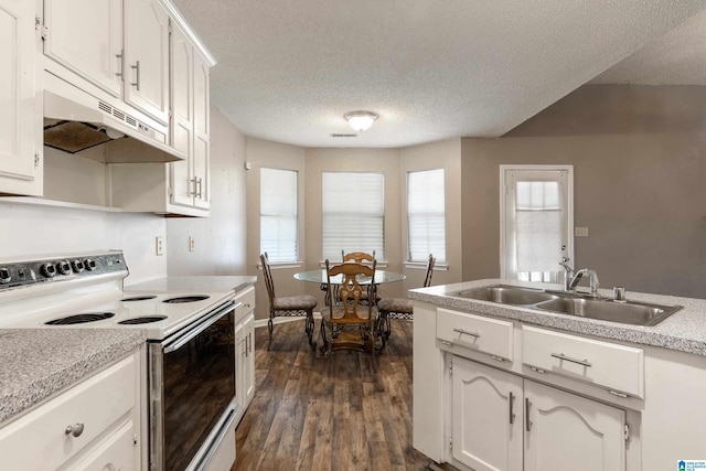 kitchen with white cabinetry, electric range oven, dark wood-type flooring, and sink