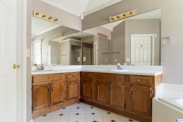 bathroom with crown molding, a bath, vanity, and a textured ceiling