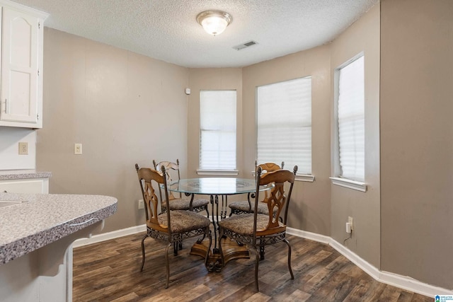 dining room with plenty of natural light, dark hardwood / wood-style flooring, and a textured ceiling