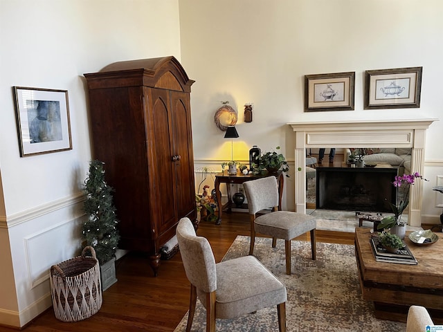 living area with a wainscoted wall, a premium fireplace, a decorative wall, and wood finished floors