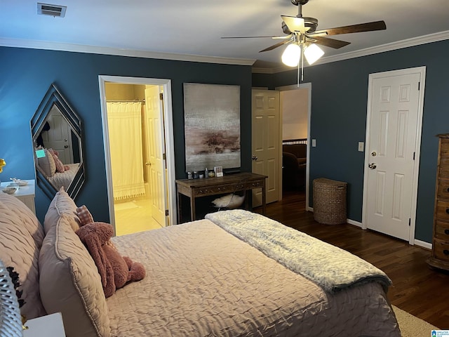 bedroom with baseboards, visible vents, dark wood finished floors, ceiling fan, and crown molding