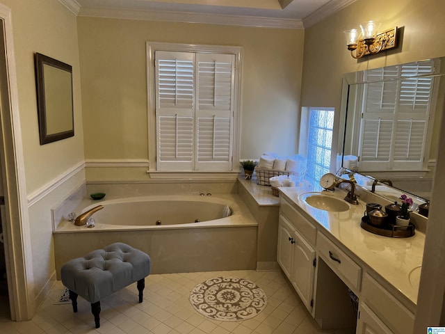 full bathroom with a whirlpool tub, tile patterned floors, ornamental molding, and vanity