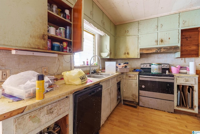 kitchen with light wood-type flooring, black dishwasher, sink, and electric range