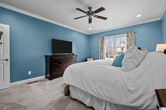 bedroom with light carpet, baseboards, visible vents, ceiling fan, and crown molding