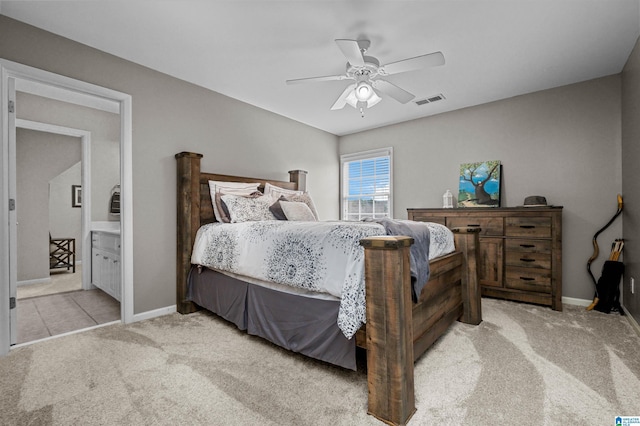 bedroom with baseboards, a ceiling fan, visible vents, and light colored carpet