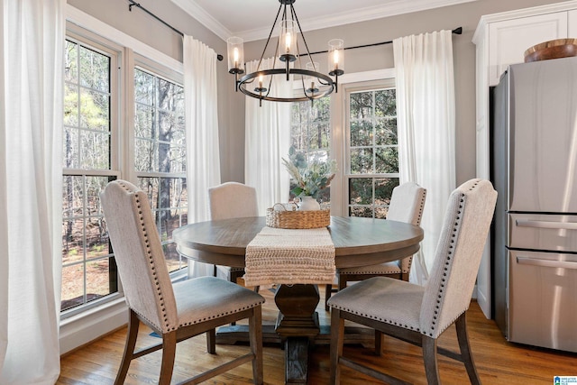 dining space featuring an inviting chandelier, light hardwood / wood-style flooring, ornamental molding, and a healthy amount of sunlight