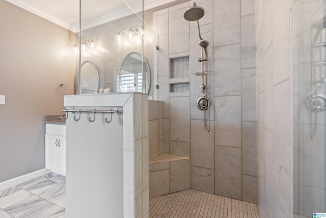 bathroom with crown molding and a tile shower