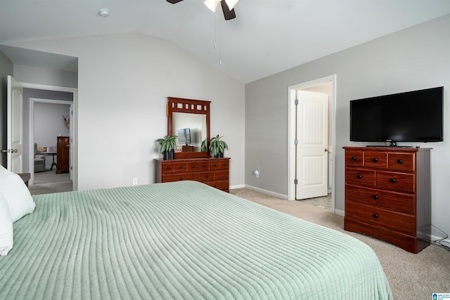 bedroom with light carpet, vaulted ceiling, and ceiling fan